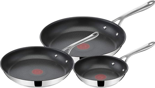 T-Fal x Jamie Oliver Nonstick Coated Stainless Steel Pans 8", 9.5" & 11", Frypan Set Induction Compatible, Oven Safe up to 500°F, Chef's Stainless Steel Skillet, Frying Pan, Silver