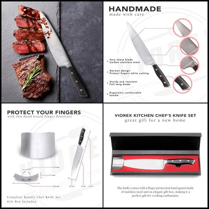Pro Chef Knife - 8 inch Professional Kitchen Sharp German High Carbon Stainless Steel for Cutting Slicing Chopping - Ergonomic Handle and Gift Hand Guard Finger Protector.