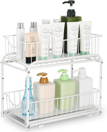 MOOACE 2-Tier Stackable Under Sink Storage Sliding Basket Organizer Drawer for Kitchen, Bathroom, Pantry, Cabinet, White