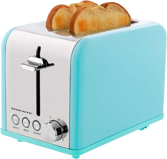 OVENTE 2-Slice Electric Toaster, 825W with 6 Browning Settings, Bagel, Defrost, Cancel Functions, Extra-Wide Slots, Stainless Steel Retro Countertop Toaster, Turquoise TS2450T