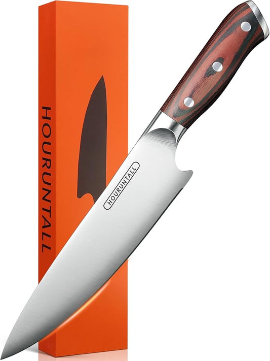 8 Inch Chef Knife with Innovative Safety Notch, Forged 5CR15MOV High Carbon Stainless Steel Kitchen Knife, Ultra Sharp Vegetable &Meat Cleaver with Ergonomic Wood Handle for Pro Chefs