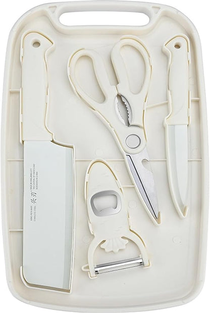 SUJAYU 5 in 1 Mini Knife and Cutting Board Set, Small Camping Cutting Board Cutting Board Scissors, Dorm Kitchen Essentials Travel Knife Set (Beige)