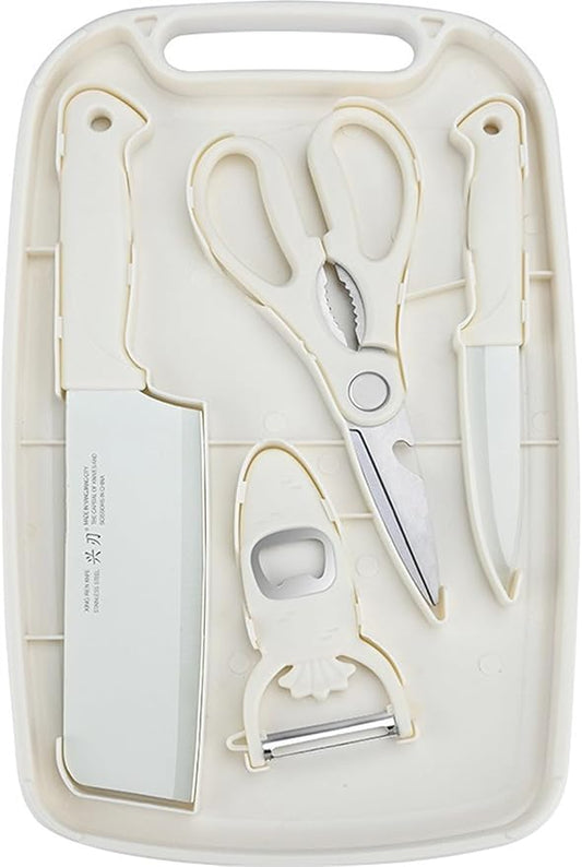 SUJAYU 5 in 1 Mini Knife and Cutting Board Set, Small Camping Cutting Board Cutting Board Scissors, Dorm Kitchen Essentials Travel Knife Set (Beige)