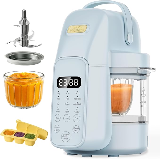 SosekiBaby FM01 Baby Food Maker with Glass Bowl One Step Baby Blender-Food Processor and Steamer Puree Grinder 316L Stainless Steel Blades Auto Cooking & Easy Cleaning-BPA-Free Blue