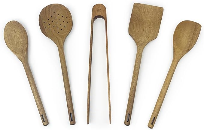 Mitus Non-Toxic Wooden Cooking Utensils - 5 Pcs Natural Acacia Hardwood Set for Nonstick Pans & Cookware - Kitchen Gift Set (Wooden Spoons, Skimmer, Tongs, Spatula)