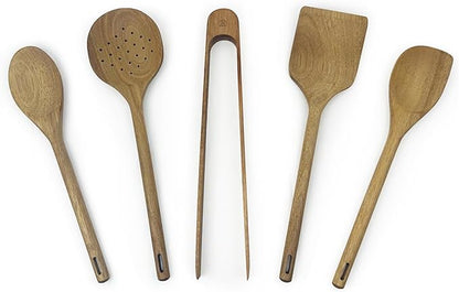 Mitus Non-Toxic Wooden Cooking Utensils - 5 Pcs Natural Acacia Hardwood Set for Nonstick Pans & Cookware - Kitchen Gift Set (Wooden Spoons, Skimmer, Tongs, Spatula)