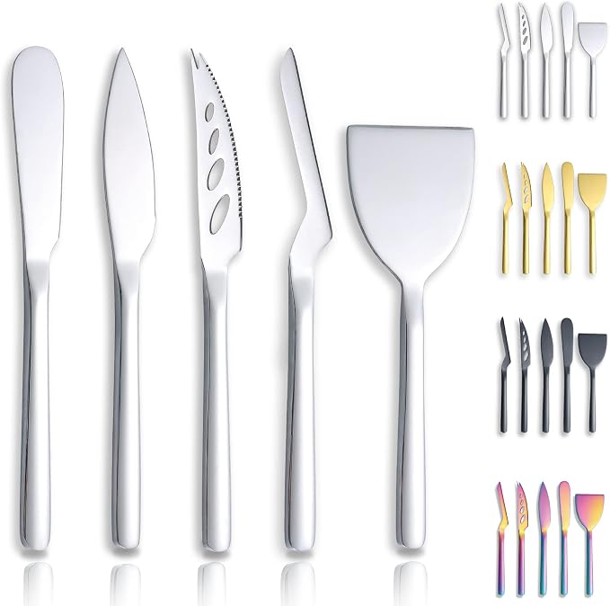 Berglander Cheese Knife Set of 5 for All Types of Cheese, Stainless Steel Cheese Cutter Slicer Ergonomic Design for Confortable Grip and Cut, Butter Spreader Knife