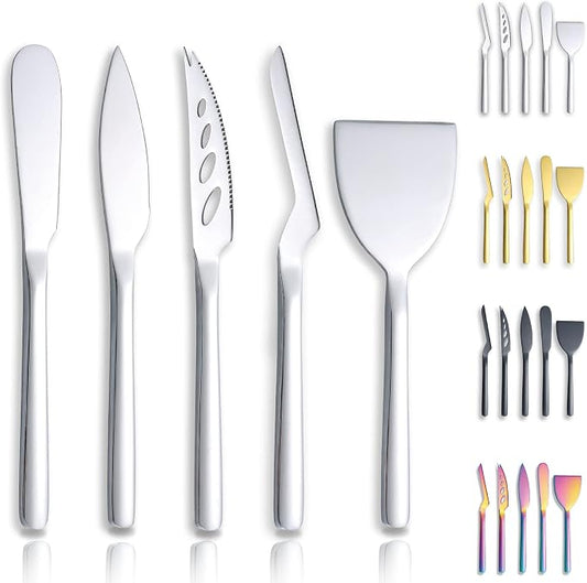 Berglander Cheese Knife Set of 5 for All Types of Cheese, Stainless Steel Cheese Cutter Slicer Ergonomic Design for Confortable Grip and Cut, Butter Spreader Knife