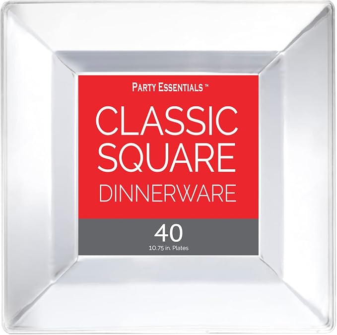 Party Essentials Party Supplies Disposable Classic Square Plastic Plates For Wedding/All Occasions, 10.75", 40-Count, Clear