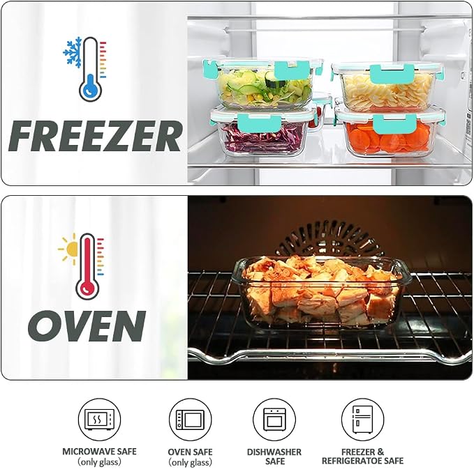 VERONES 12 Packs Glass Food Storage Containers Set, Airtight Glass Lunch Containers, Glass Meal Prep Containers with Lids,Exclusive of BPA, for Microwave, Oven, Freezer & Dishwasher Friendly,Green