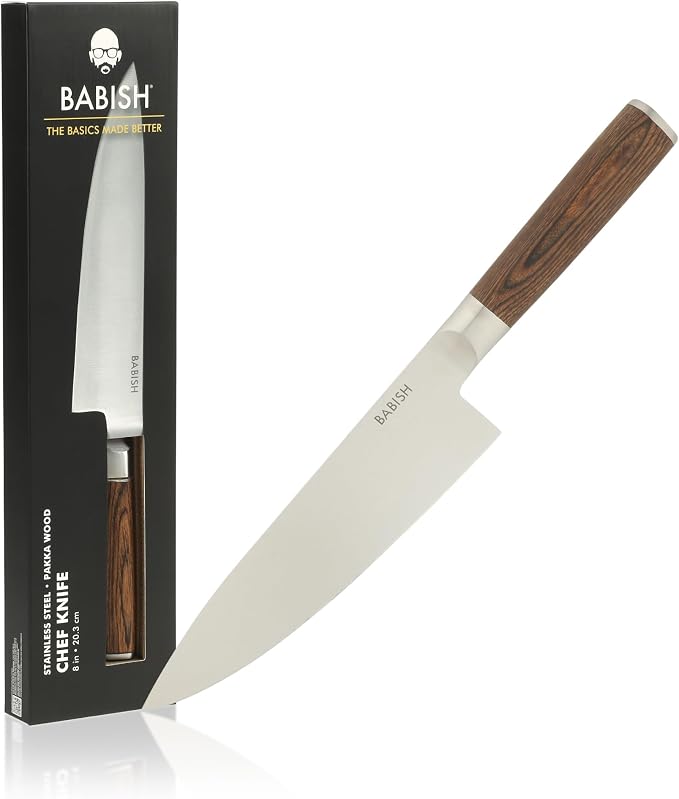 Babish 8-Inch Chef Knife – High-Carbon 1.4116 German Steel Kitchen Knife with Dark Pakka Wood Handle, Full-Tang Razor Sharp Chef’s Blade for Chopping, Slicing, Dicing & Everyday Prep