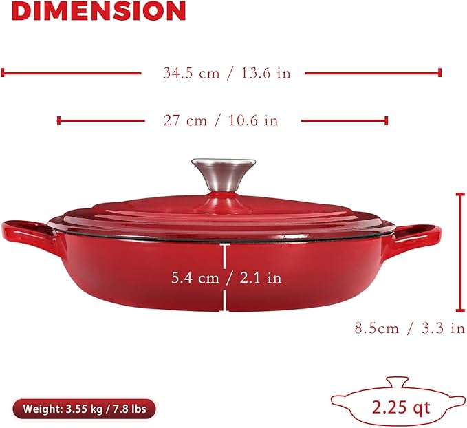 Flavehc Braiser Enameled Cast Iron Braiser 2.25 QT, Cast Iron Braiser Pan with Lid for Bread Baking, Soup & One Pot Meals, Small Shallow Dutch Oven Casserole for Oven & Induction, Red