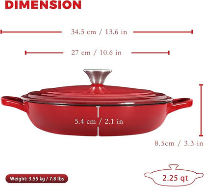 Flavehc Braiser Enameled Cast Iron Braiser 2.25 QT, Cast Iron Braiser Pan with Lid for Bread Baking, Soup & One Pot Meals, Small Shallow Dutch Oven Casserole for Oven & Induction, Red