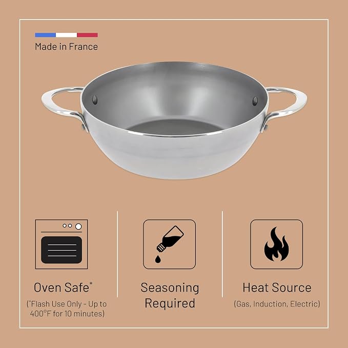 de Buyer MINERAL B Carbon Steel Country Fry Pan with 2 Handles - 12.5” Diameter, 8.9” Cooking Surface - Ideal for Sauteing, Simmering, Deep & Stir Frying - Naturally Non-Stick Finish - Made in France