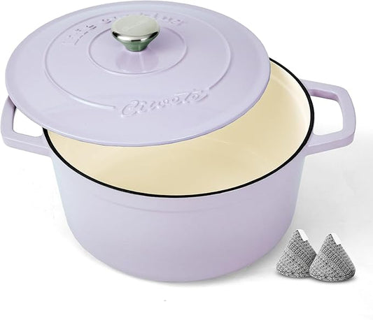Ciwete Enameled Cast Iron Dutch Oven – 4.4 Quart Pot with Lid & Potholders – Heavy-Duty Cookware for Bread Baking, Braising, Stews & Roasting – Oven & Stovetop Safe up to 500°F – Purple
