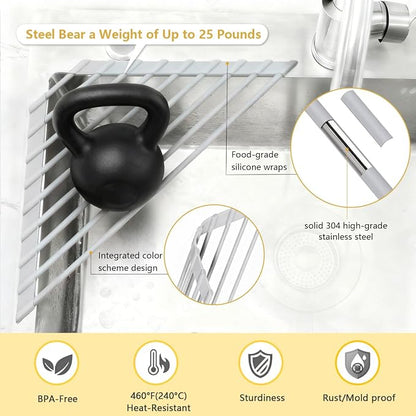 Credon Triangle Roll Up Dish Drying Rack, Foldable Anti-Slip Kitchen Sink Drainer Organizer, Silicone Coated Stainless Steel Frame, Multipurpose Over Sink Corner Caddy for Space Saving (Grey)