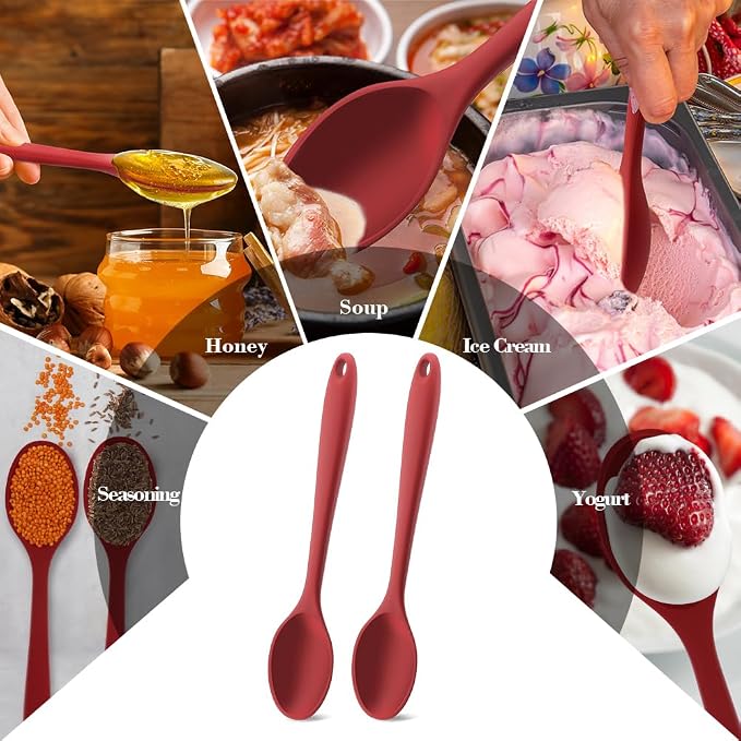 Silicone Spoons for Cooking, 2 Pcs Red Large Serving Spoon Heat Resistant Cooking Spoon Utensils Nonstick Mixing Kitchen Spoons for Cooking, Baking, Serving, Mixing and Stirring, Dishwasher Safe