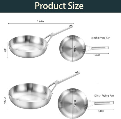 Yeksum Tri-Ply Stainless Steel Frying Pan Set, 8 Inch and 10Inch, Skillet set, Durable, Cooking Pan 8" 10", Induction Ready Egg Pan, Compatible with All Cooktops Up to 600℉