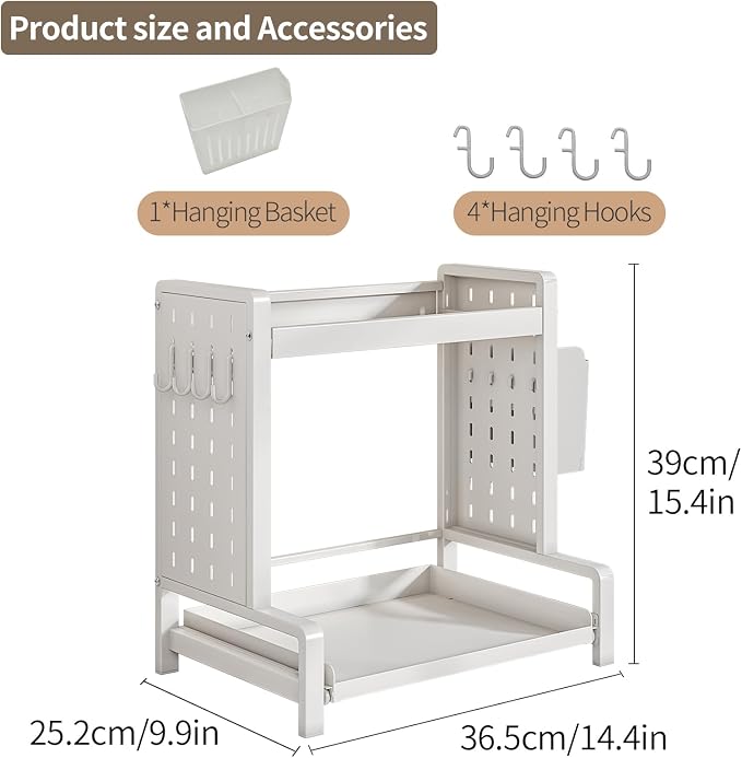 INGIORDAR Spice Rack 2 Tier Metal Standing Kitchen Seasoning Storage Shelf with Hanging Basket Pull Out Countertop Organizer for Counter, Cabinet, Pantry, Bathroom, Bedroom (White)