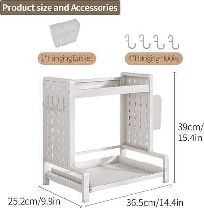 INGIORDAR Spice Rack 2 Tier Metal Standing Kitchen Seasoning Storage Shelf with Hanging Basket Pull Out Countertop Organizer for Counter, Cabinet, Pantry, Bathroom, Bedroom (White)