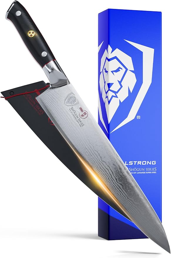 Dalstrong Chef Knife - 9.5 inch Blade - Shogun Series ELITE - Damascus - Japanese AUS-10V Super Steel - Black G10 Handle - Razor Sharp Kitchen Knife - Professional Full Tang Chef's Knife - Sheath