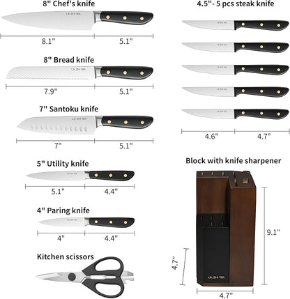Kitchen Knife Set, 13 Pieces German Stainless Steel Knife Block Set for Chopping, Professional Chef Knife, Lightweight, Black Anti-slip Handle, Dishwasher Safe（black）