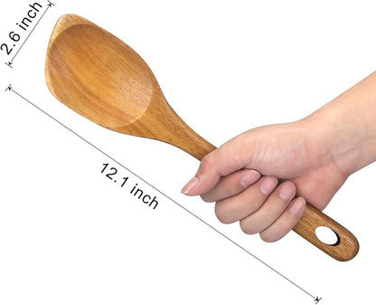 Large Wooden Spoons for Cooking Spatula Non Toxic Acacia Wood Kitchen Utensil Best Cooking Spoon for Mixing Serving Non Stick Bamboo Kitchen Utensils Big Corner Stirring Spoon Long Handle Teak Spatula