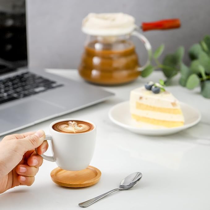 HASENSE 3 Ounce Espresso Cups and Saucers Set of 6, Demitasse Cups with Handle for Coffee Drinks, Latte, Cappuccino, Cafe Mocha and Tea, Porcelain Coffee Cups for Coffee Bar Home and Party, White