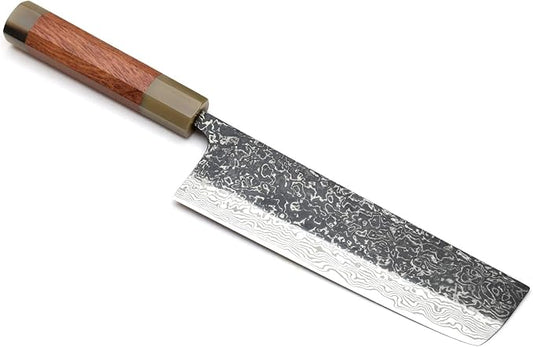 Yoshihiro Black-Forged High Performance SLD Damascus Steel Nakiri Vegetable Knife (7" (180mm), Ironwood Handle) (No Saya)