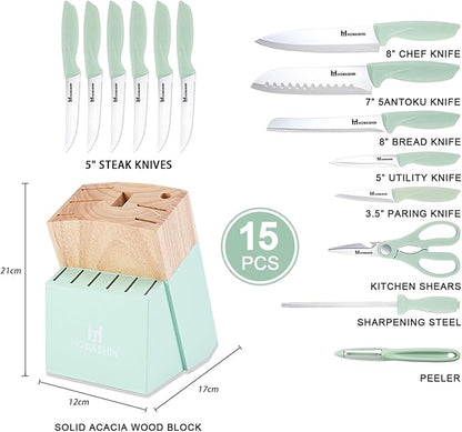 Green Knife Set, 15 Pcs Kitchen Knife Set with Block,High Carbon German Stainless Steel Knife Block Set with Magi-Grip Handle,Hand wash Safe Knives Set