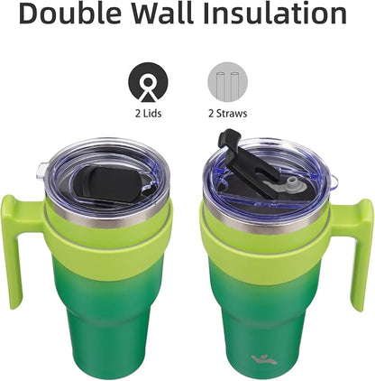 Konokyo 40 oz Tumbler with Handle and 2 Straw 2 Lid, Insulated Water Bottle Stainless Steel Vacuum Cup Reusable Travel Mug,Matcha Green
