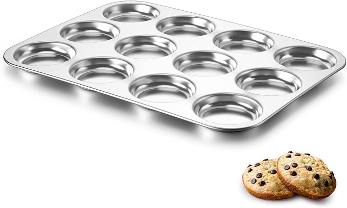 P&P CHEF 12-Cup Muffin Top Pan (1 Piece), Stainless Steel Muffin Pan Cupcake Tin with Shallow Side for Whoopie Pie & Yorkshire Pudding, Easy Clean & Oven Safe, Silver