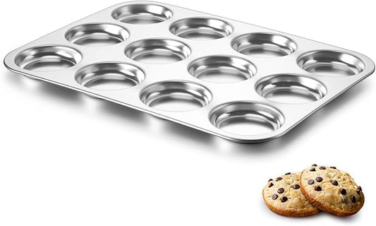 P&P CHEF 12-Cup Muffin Top Pan (1 Piece), Stainless Steel Muffin Pan Cupcake Tin with Shallow Side for Whoopie Pie & Yorkshire Pudding, Easy Clean & Oven Safe, Silver