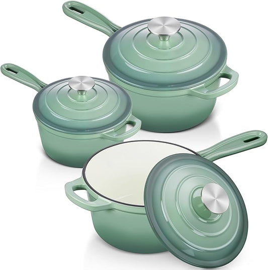 Leonyo 1Qt & 2Qt & 3Qt Enamel Cast Iron Saucepan Set, Enameled Sauce Pan with Lid, Cast Iron Dutch Oven Kitchen Pot Cookware for All Cooktops Cooking Pasta, Milk, Pistachio Green