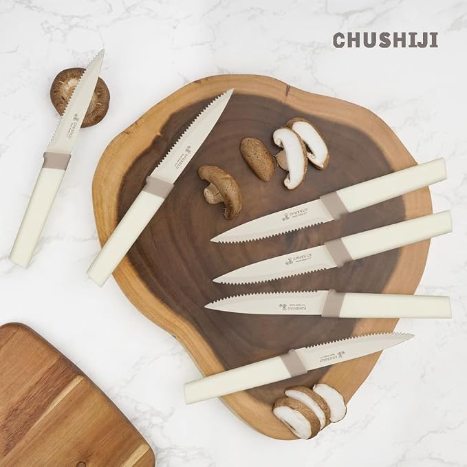 CHUSHIJI 15-Piece Kitchen Knife Set with Block, Premium High Carbon Stainless Steel, 8-Inch Chef Knife & 6 Steak Knives, Sharp Dishwasher Safe Durable Cutlery for Home Cooking, White