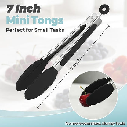 Small Cooking Tongs 7 inch Mini Serving Tongs with Silicone Tips, Set of 3 (Black + Grey + White)