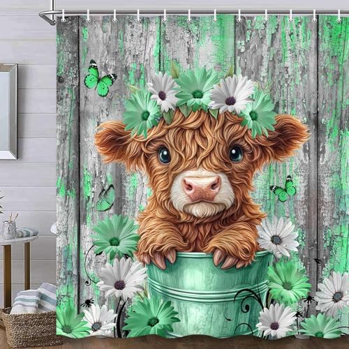 Cow Shower Curtain, Farmhouse Rustic Floral Funny Highland Cow Shower Curtains for Bathroom, Western Cute Daisy Flowers and Butterfly on Country Wooden Farm Animal Bathroom Decor with Hooks 70X75in