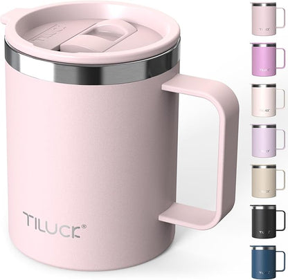 TILUCK 12 oz Insulated Coffee Mug with Lid, Double Wall Vacuum Insulated Travel Mug Cup with Handle for Hot or Cold Drinks（12oz，Matte LightPink）