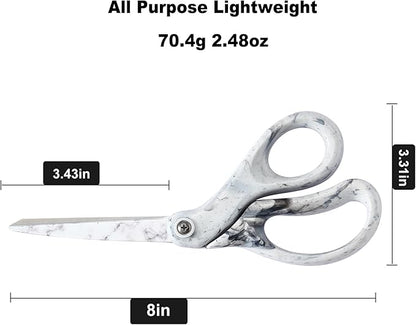 LIVINGO 8 Inches Scissors for Office - Sharp Heavy Duty Shears All Purpose for Sewing Crafting Cutting Fabric Paper, Stainless Steel Blade, Smooth Handle, Marble White Color
