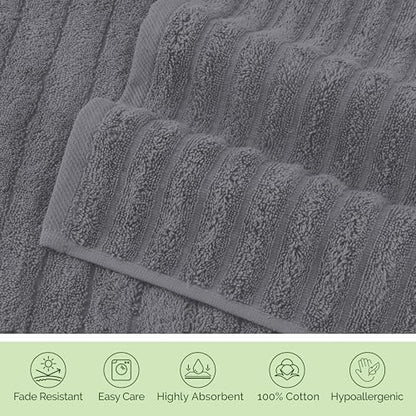 Elegant Comfort Luxury 100% Turkish Cotton Corduroy Ribbed 4 Pack Hand Towel Set 16 x 28 Inch - Absorbent, Super Soft, Quick Dry, Premium Towels for Bathroom, Gym, Spa and Hotel Use, Gray
