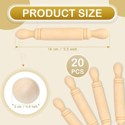 20 Pieces Mini Rolling Pin for Crafts 5.5 Inches Long Wooden Dough Roller Small Wooden Rolling Pins for Kids Children Home Kitchen Fondant Pastry Pizza Crafting Baking and Imaginative Play