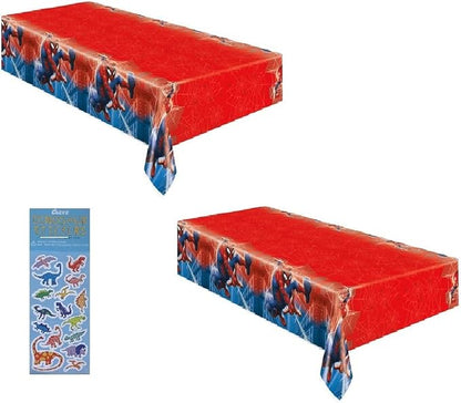Unique Spiderman Birthday Party Supplies Bundle Includes 2 Rectangular Plastic Table Covers and 1 Dinosaur Sticker Sheet