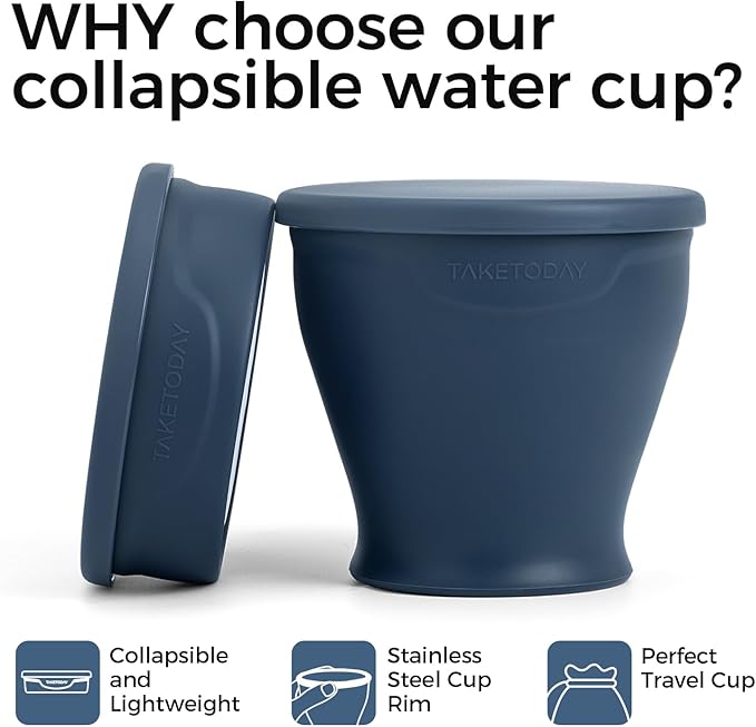 TakeToday Collapsible Travel Cup 8 oz - Silicone Foldable Water Cup, BPA-Free with Lid & Waterproof Bag - Drinking Cup Set for Camping, Outdoors & International Travel（Navy）