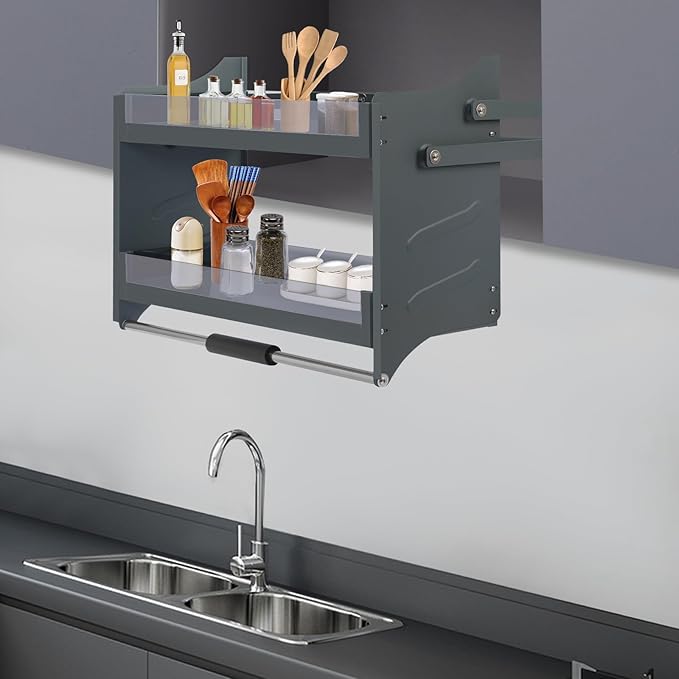 Pull Down Shelf for Upper Cabinets, 2-Tier Drop Down Cabinet Organizer, Kitchen Spice and Dishes Pull Down Storage Shelf, High Cabinet Pull-Out Organizer for Snack, Bowl (Dark Grey, 30in)