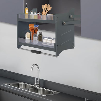 Pull Down Shelf for Upper Cabinets, 2-Tier Drop Down Cabinet Organizer, Kitchen Spice and Dishes Pull Down Storage Shelf, High Cabinet Pull-Out Organizer for Snack, Bowl (Dark Grey, 30in)