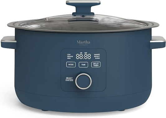 Martha Stewart 8 QT Slow Cooker, Programmable with Timer, 3 Heat Settings (Low, High, Warm), Nonstick Ceramic Removable Crock, Stovetop & Oven Safe, Glass Lid, Simmer, Reheat, Warm, Indigo