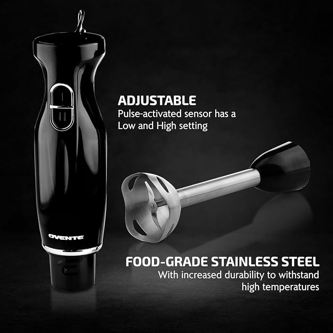 OVENTE Immersion Hand Blender, 300W Electric Handheld Stick Mixer with 2 Mixing Speeds and Stainless Steel Blades for Smoothies, Purees & Baby Food, Black HS560B