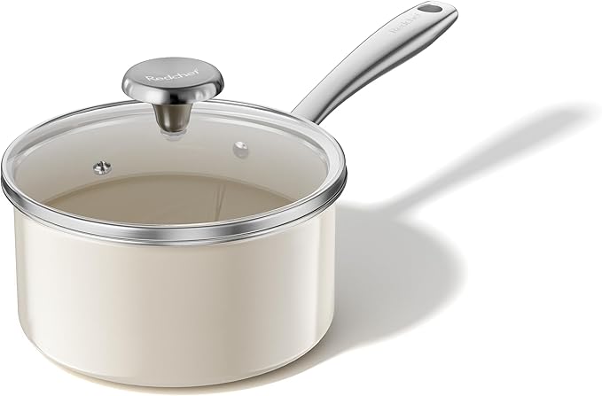 Redchef Ceramic Sauce Pan with Lid, 1.8QT Small Saucepan, Nonstick Cooking Pot with Stay-Cool Handle, Kitchen Non Toxic Soup Pot, PTFE & PFOA Free, Oven Dishwasher Safe, Compatible All Stovetops-Beige