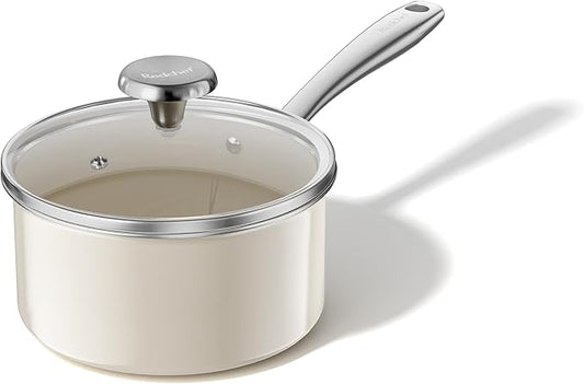 Redchef Ceramic Sauce Pan with Lid, 1.8QT Small Saucepan, Nonstick Cooking Pot with Stay-Cool Handle, Kitchen Non Toxic Soup Pot, PTFE & PFOA Free, Oven Dishwasher Safe, Compatible All Stovetops-Beige