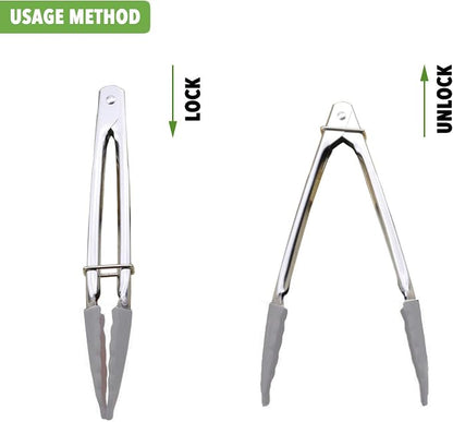 HINMAY 7 Inch Silicone Utility Tong Kitchen Tongs, Set of 3 (Gray) | 7 Inch Metal Salad Tongs